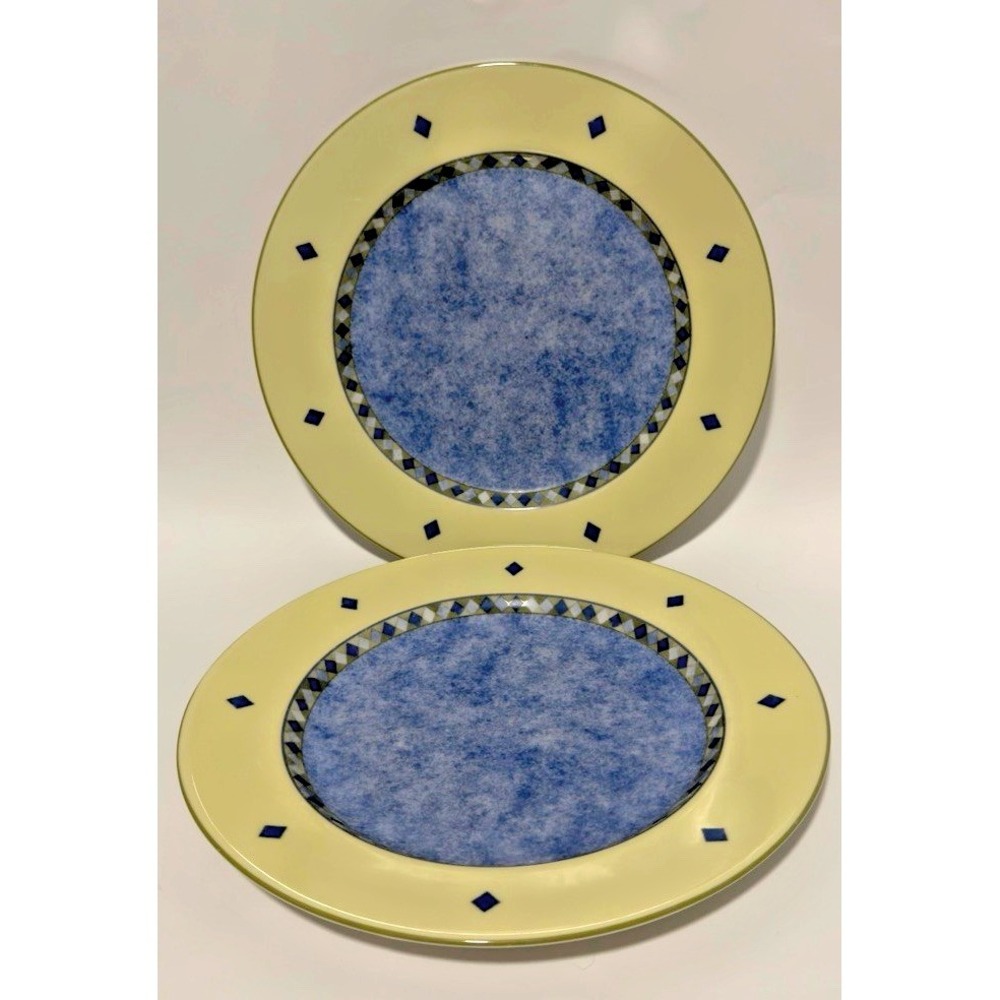 Royal Doulton Carmina Set Of 2 Blue Center Yellow Rim 11" Dinner Plates Vintage